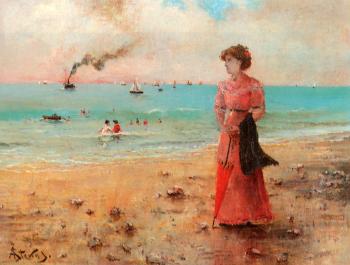 阿爾弗雷德 史蒂文斯 Jeune femme a l'ombrelle rouge au bord de la mer